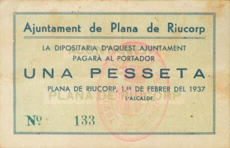 Awers banknotu 1 peseta Plana de Riucorp (Hiszpania) 1937