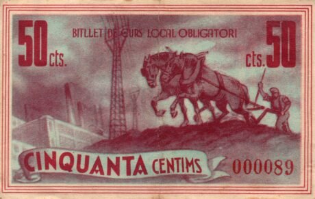 Реверс банкноты 50 сантимов Побла де Сегур (Испания) 1937 года