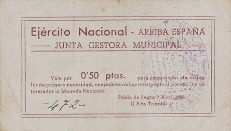 Аверс банкноты 0,50 песетас Побла де Сегур (Испания) 1938 года