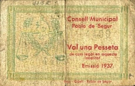Аверс банкноты 1 peseta Pobla de Segur (Hiszpania) 1937