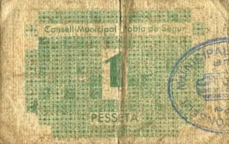 Реверс банкноты 1 peseta Pobla de Segur (Hiszpania) 1937