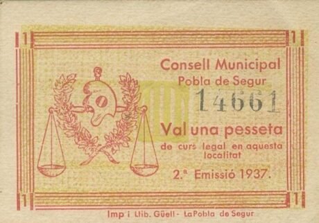 Аверс банкноты 1 peseta Pobla de Segur (Hiszpania) 1937