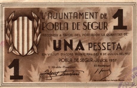 Аверс банкноты 1 песета Побла де Сегур (Испания) 1937 года