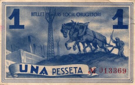 Реверс банкноты 1 песета Побла де Сегур (Испания) 1937 года