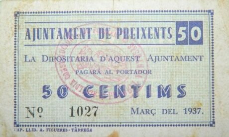 Аверс банкноты 50 сантимов прейксенсов (Испания) 1937 года