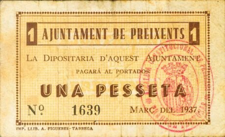 Аверс банкноты 1 песета Прейксенс (Испания) 1937 года