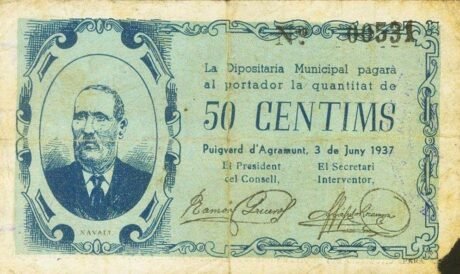Аверс банкноты 50 сантимов Пучверд д'Аграмунт (Испания) 1937 года