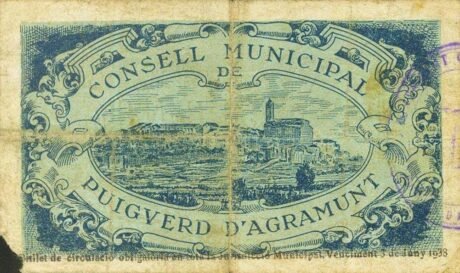 Реверс банкноты 50 сантимов Пучверд д'Аграмунт (Испания) 1937 года