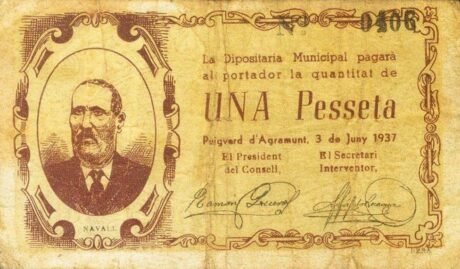Аверс банкноты 1 песета Пучверд д'Аграмунт (Испания) 1937 года