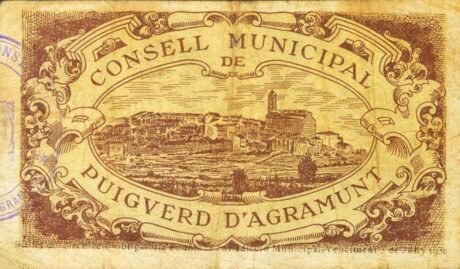 Реверс банкноты 1 песета Пучверд д'Аграмунт (Испания) 1937 года
