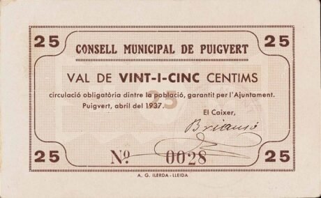 Аверс банкноты 25 centymów Puigvert (Hiszpania) 1937