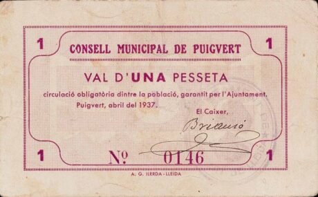 Аверс банкноты 1 peseta Puigvert (Spain) 1937