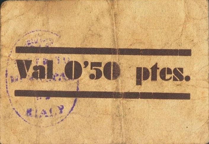 Реверс банкноты 0,50 Песеты Риальп (Испания) 1937 года