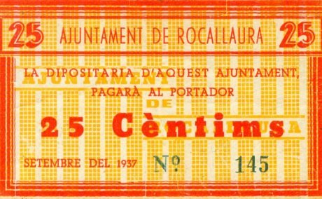 Аверс банкноты 25 сантимов Рокаллаура (Испания) 1937 года