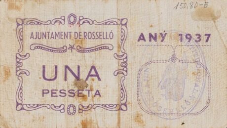 Реверс банкноты 1 peseta Rossello (Hiszpania) 1937