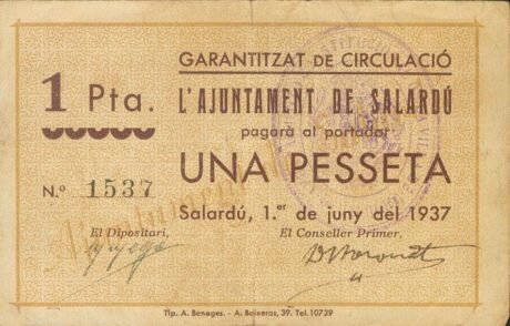 Аверс банкноты 1 песета Саларду (Испания) 1937 года