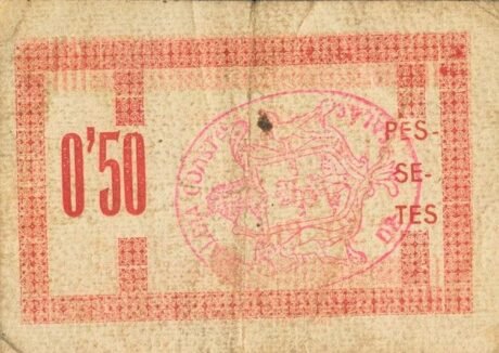 Реверс банкноты 0,50 песетас Салас де Пальярс (Испания) 1937 года