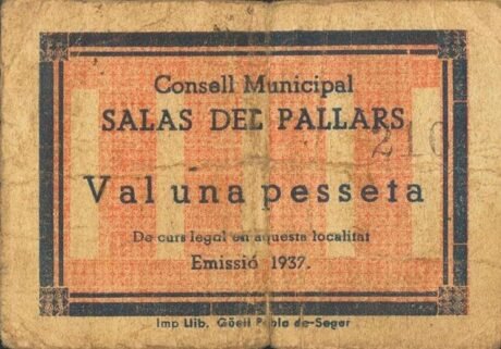 Аверс банкноты 1 песета Салас де Пальярс (Испания) 1937 года