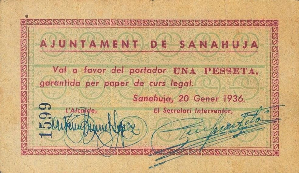 Аверс банкноты 1 песета Санахуджа (Испания) 1936 года