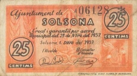 Аверс банкноты 25 centymów Solsona (Hiszpania) 1937