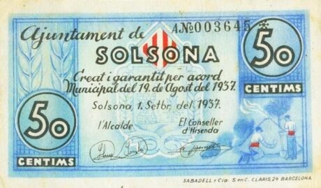 Аверс банкноты 50 сантимов Сольсона (Испания) 1937 года