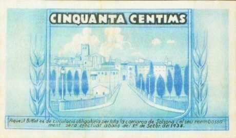 Реверс банкноты 50 сантимов Сольсона (Испания) 1937 года