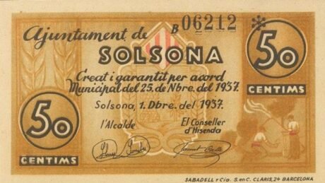 Аверс банкноты 50 centymów Solsona (Hiszpania) 1937