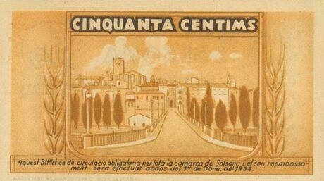 Реверс банкноты 50 centymów Solsona (Hiszpania) 1937