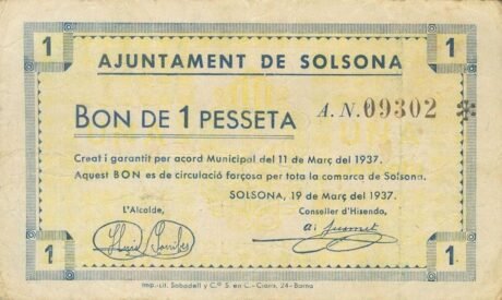 Аверс банкноты 1 peseta Solsona (Spain) 1937