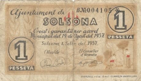 Аверс банкноты 1 песета Сольсона (Испания) 1937 года