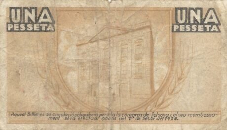 Реверс банкноты 1 песета Сольсона (Испания) 1937 года