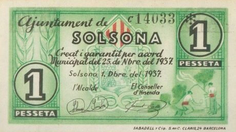 Аверс банкноты 1 peseta Solsona (Spain) 1937