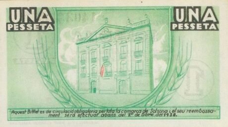Реверс банкноты 1 peseta Solsona (Spain) 1937