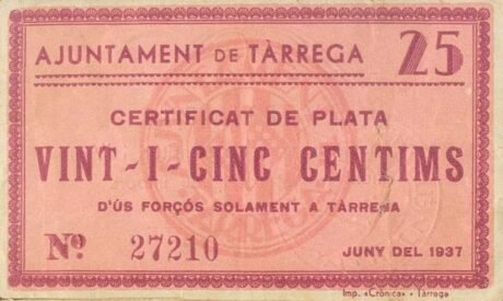 Аверс банкноты 25 сантимов Таррега (Испания) 1937 года