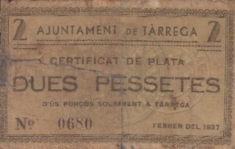 Аверс банкноты 2 песеты Таррега (Испания) 1937 года