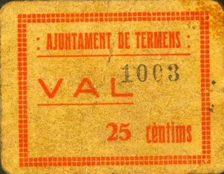 Аверс банкноты 25 сантимов Терменс (Испания)