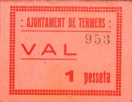 Аверс банкноты 1 песета Терменс (Испания)