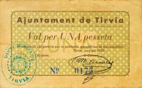 Аверс банкноты 1 peseta Tirvia (Spain) 1937