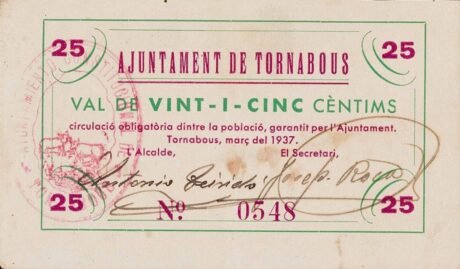 Аверс банкноты 25 сантимов Торнабус (Испания) 1937 года