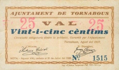 Аверс банкноты 25 сантимов Торнабус (Испания) 1937 года
