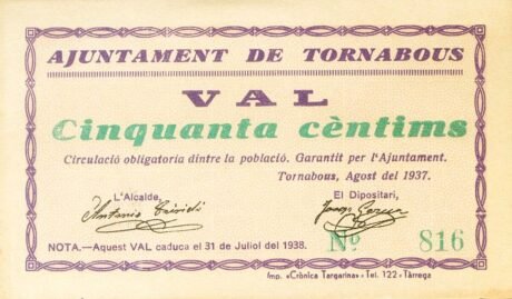 Аверс банкноты 50 сантимов Торнабус (Испания) 1937 года