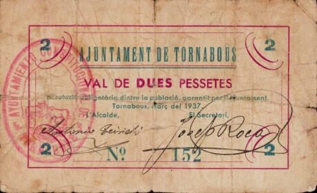 Аверс банкноты 2 песеты Торнабус (Испания) 1937 года