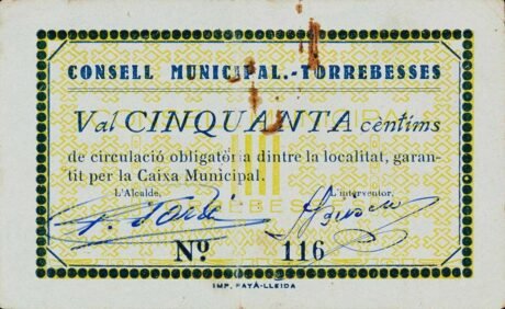 Аверс банкноты 50 centymów torrebesses (Hiszpania)