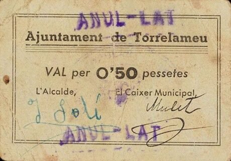 Аверс банкноты 0,50 песетас Торреламеу (Испания) 1937 года