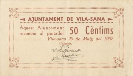 Аверс банкноты 50 centymów Vila-sana (Hiszpania) 1937