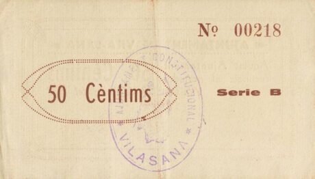 Реверс банкноты 50 centymów Vila-sana (Hiszpania) 1937