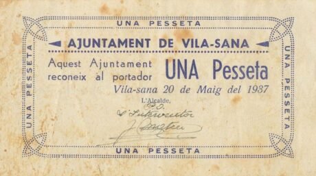 Аверс банкноты 1 peseta Vila-sana (Hiszpania) 1937