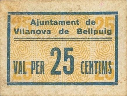 Аверс банкноты 25 centymów Vilanova de Belpuig (Hiszpania)