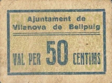 Аверс банкноты 50 centymów Vilanova de Belpuig (Hiszpania)