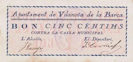 Аверс банкноты 5 centymów Vilanova de la Barca (Hiszpania) 1937